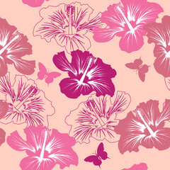 Pink and magenta hibiscus flowers and butterflies seamless pattern