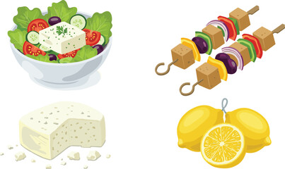 Greek salad, souvlaki skewers, feta cheese block, and lemons on white background salad bowl tomatoes