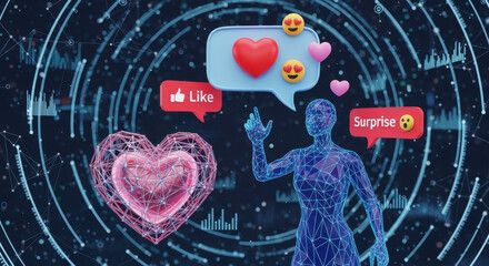 AI interacts with digital hearts and social media engagement icons in a futuristic network