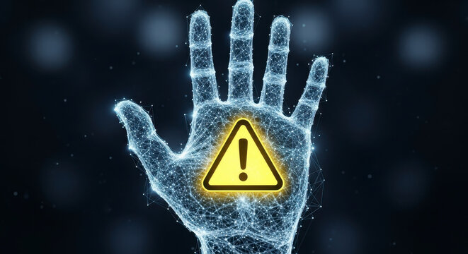 Digital Hand Displaying Warning Sign with Glowing Particles Abstract Concept - Powered by Adobe