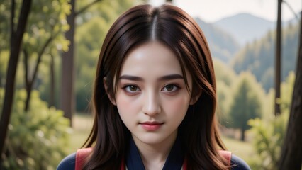 Fototapeta premium Young Asian woman in forest, natural light, portrait, serene expression, day