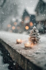 Winter holiday scene with candles and snow-covered pine tree on wood, evoking festive outdoor atmosphere for seasonal marketing and Christmas promotions