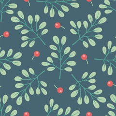 Pixelated branches with red berries on dark teal