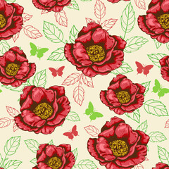 Pixelated red roses green and red leaves and butterflies