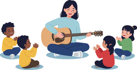 Teacher playing guitar with happy children clapping hands in a circle kids music