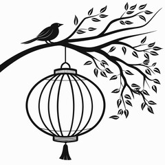 Hanging Lantern with Bird Branch Art