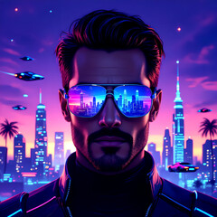 “Futuristic Portrait of a Man in Reflective Blue Aviator Sunglasses with Neon Cyberpunk Cityscape, Skyscrapers, and Flying Vehicles at Dusk in Vibrant Colors”