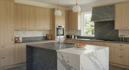 Contemporary Kitchen With Light Wood Cabinetry and Unique Two-Tone Marble Island Featuring Dark Grey and White Stone