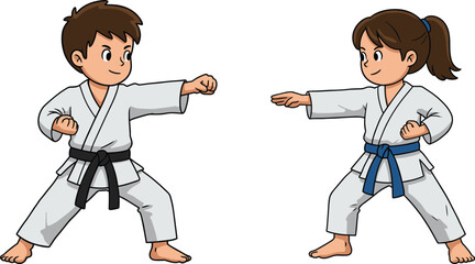 Two children in karate uniforms practicing stances with black and blue belts martial arts kids