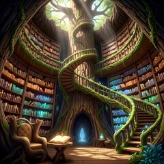 Fototapeta premium Enchanted ancient library with spiral staircase and sunbeams filtering through trees