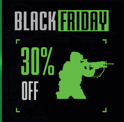 Price tag 30% Off gamer style with black background, soldier image with green details