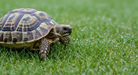 Obraz premium Tortoise walking on wet grass with dew drops signifying patience and slow progress