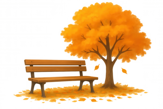Park bench under autumn tree with falling yellow leaves, fall season illustration on transparent background
