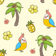 Fototapeta premium Repeating pattern of cartoon tropical elements on a light yellow background