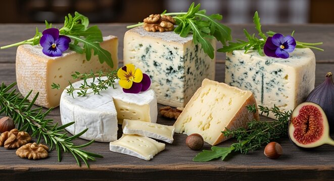 Variety of specialty cheeses displayed with herbs and spices.