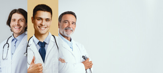 A collage features three male doctors representing different backgrounds. They stand confidently in...