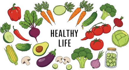 Assortment of Fresh Vegetables and the Text Healthy Life bell pepper red pepper