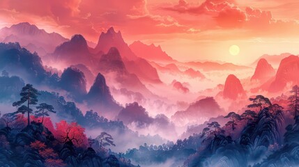 Landscape of jungle, mountains with trees, fog and clouds in pastel design for wallpaper, wall art, print, mural