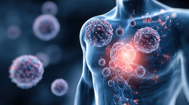 A detailed depiction shows the interaction of immune cells and pathogens within the human body, highlighting cellular activity and immune response in a scientific context.