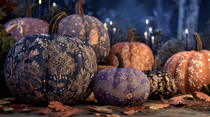 Halloween Pumpkins Decorated with Decoupage Art.
