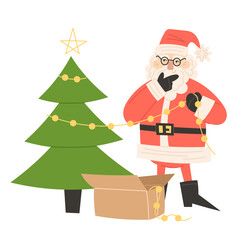 Santa decorating a Christmas tree with lights