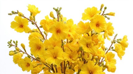 Clusters of bright yellow flowers are gathered in a beautiful bouquet, displaying intricate petals and fresh green buds set against a light background, giving a joyful appearance.