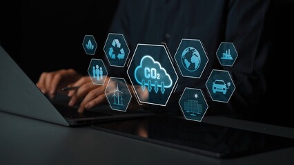 Carbon reduction at the center of sustainable strategies, including renewable energy, recycling, clean water, innovation, global responsibility, and eco-friendly industry Marrow