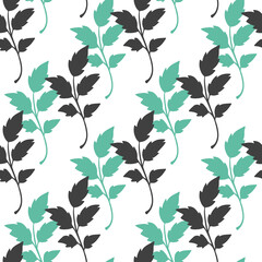 Seamless pattern of alternating dark grey and turquoise leaves