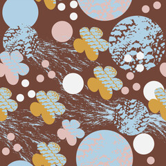 A seamless vector pattern featuring playful polka dots, delicate flowers, and abstract design elements, designed with a soft, harmonious color palette including Mocha Mousse and Powder Pink.