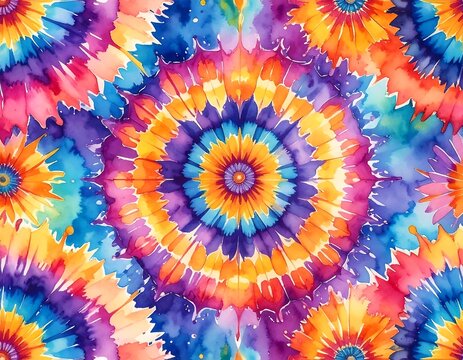 Vibrant tie-dye pattern showcases radiating floral motifs in a kaleidoscope of colors.