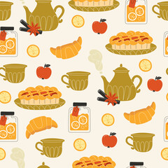 Seamless pattern of autumnal food and drinks