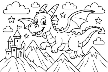 Obraz premium Friendly Dragon Adventure. Fantasy dragon coloring page: friendly dragon flying over mountains, castle in the background, clouds
