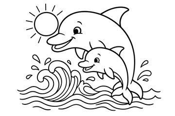 Dolphin Family Coloring Page. Dolphin family coloring page: mother dolphin with baby dolphin, waves splashing, sun above, black