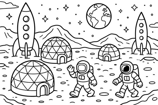 Moon Base Exploration. Moon base coloring page: domes and rockets on moon surface, astronauts walking, Earth visible in sky, black
