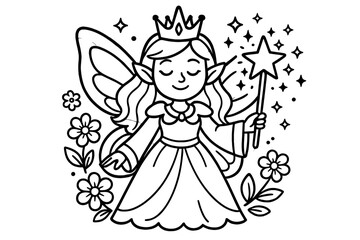 Fairy Queen Garden. Fairy garden coloring page: fairy queen holding wand, sparkles and stars floating, flowers around, black and