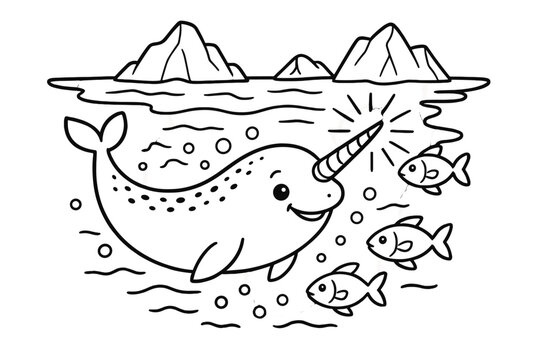 Narwhal in Icy Waters. Arctic world coloring page: narwhal swimming in icy water, tusk shining, fish swimming around, black and
