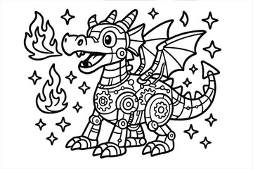 Obraz premium Robot Dragon Adventure. Robots & Gadgets coloring page: robot dragon with gears and wires, flames and stars around, black and