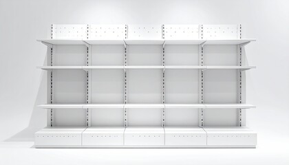 Empty shelves in a shop, ready for merchandise, bright background, for retail use