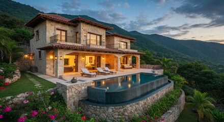 Luxurious Stone Villa With Infinity Pool and Mountain Views at Sunset, Perfect for a Tropical Getaway