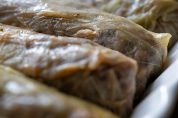 Close-Up of Turkish-Style Cabbage Rolls on a Square Plate on a Brown Table
