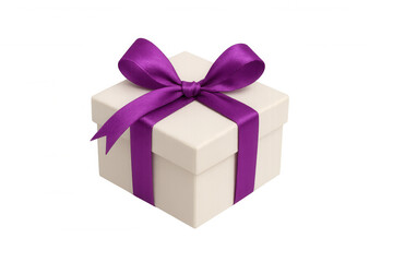 Obraz premium White gift box with purple ribbon and bow, symbolizing celebration, anniversary, birthday, holiday surprise