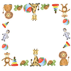 Watercolor frame with children's toys on a white background. Suitable for advertising, postcards, logos, labels, corporate identity, decor, and packaging design.