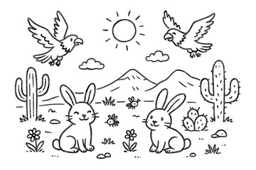 Desert Wildlife Sketch. Happy desert sketch with rabbits, eagles, and little insects in black and white isolated transparent
