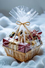 Luxury holiday gift basket with ribbon, festive treats on snow