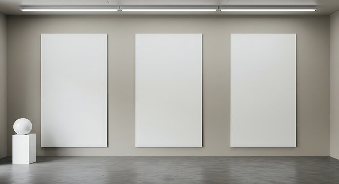 Minimalist gallery interior with empty frames and decorative sculpture