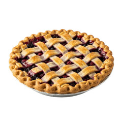 A perfectly baked whole fruit pie with a golden-brown lattice crust & bubbling deep red mixed berry filling in a silver foil plate on a transparent background, concept of homemade dessert