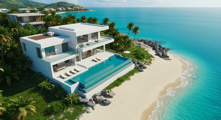 Aerial View of a Luxurious Beachfront Villa With an Infinity Pool and Vibrant Turquoise Sea