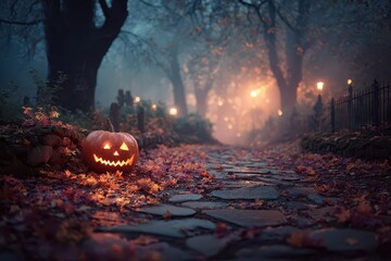 A spooky Halloween night scene with a glowing carved pumpkin on a pathway lined with fallen leaves, with streetlights in the foggy background and trees around.