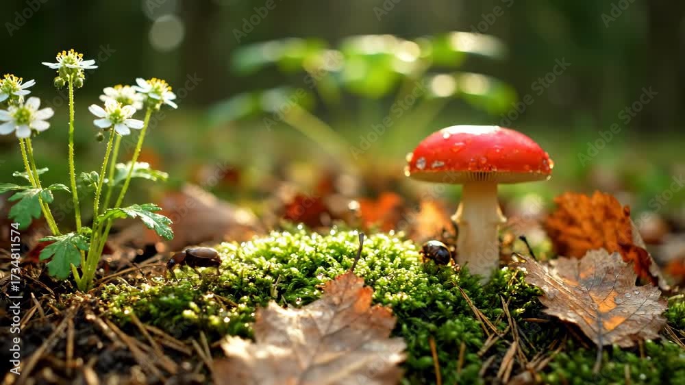 Sticker intimate close up of detailed forest floor with shallow depth of field calm, ferns, roots