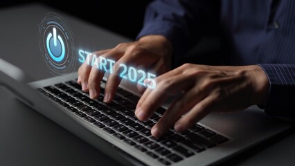 Start 2025 concept with futuristic power button symbolizing fresh beginnings, innovation, and digital transformation. Start 2025, new goals, and start 2025 initiative. Muxer